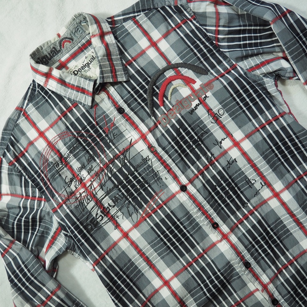 Desigual Sz L Men's Long Sleeve Plaid Shirt in Black, White, Gray, Red Accents